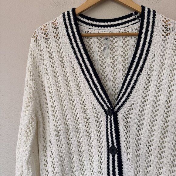 Loft Lou & Grey Tipped Mesh V Neck Pocket Cardigan Size Small New - Picture 3 of 8